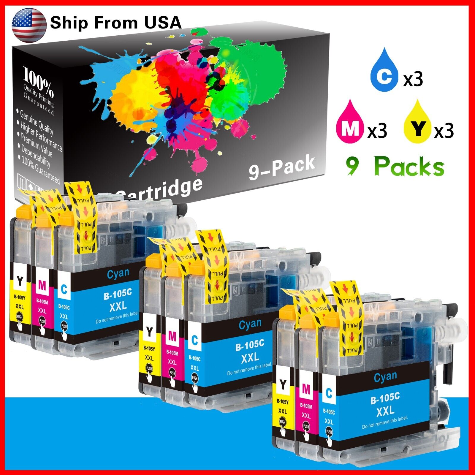 9-Pack Compatible LC105 Ink Cartridge Replacement for J4310DW Printer