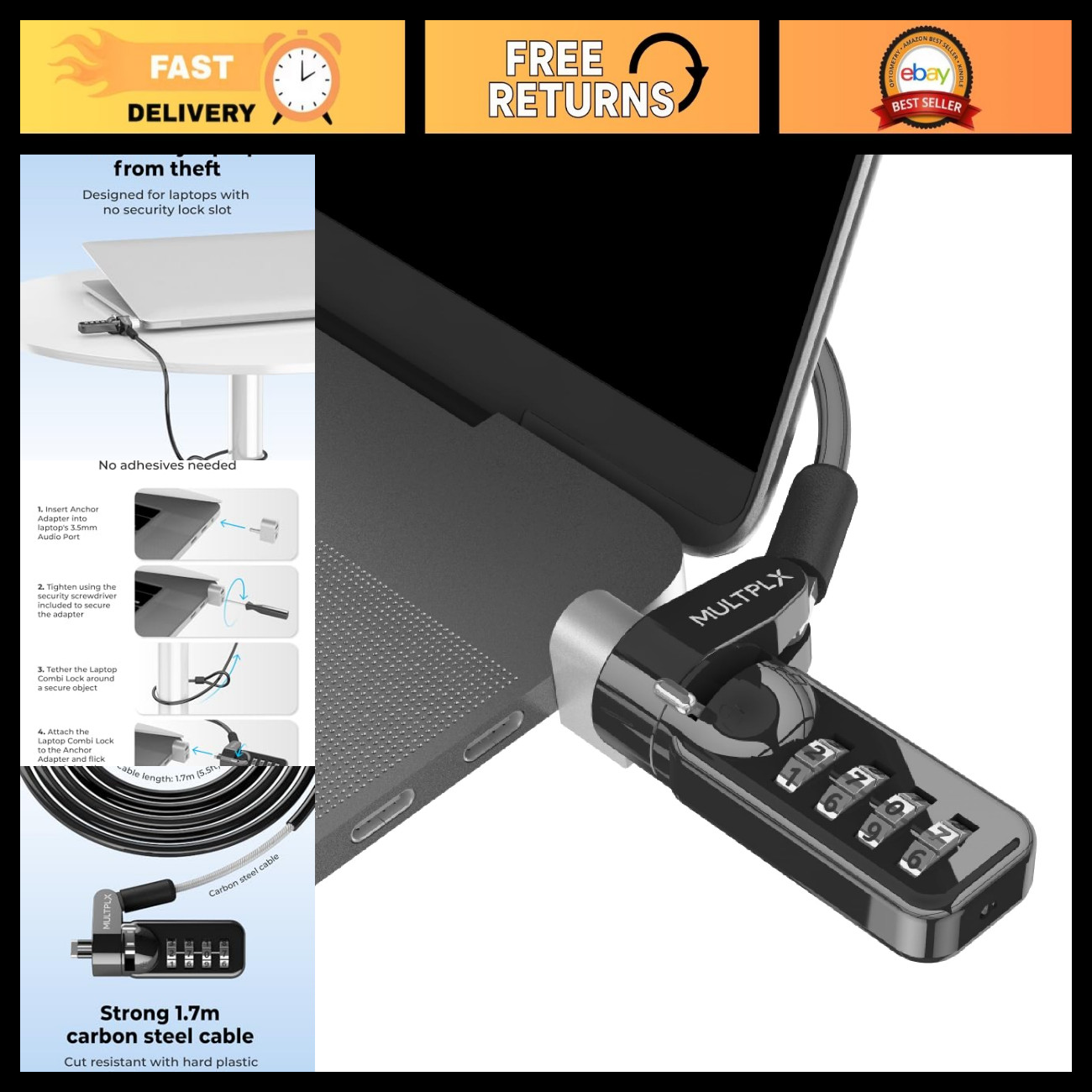 Universal Laptop Security Lock - 1.7m Cut Resistant Cable, 4-Digit Combo, All La