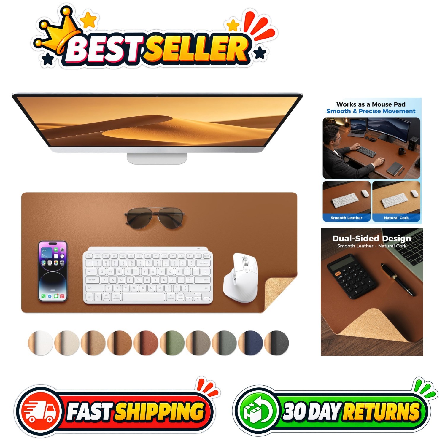 Double-Sided Leather & Cork Desk Pad Protector Waterproof Large Mouse Mat 25....