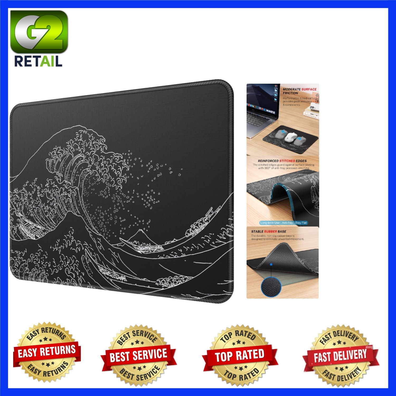 Durable Kanagawa Wave Mouse Pad, 8.5 x 11 Inches - Non-Slip & Stain Resistant