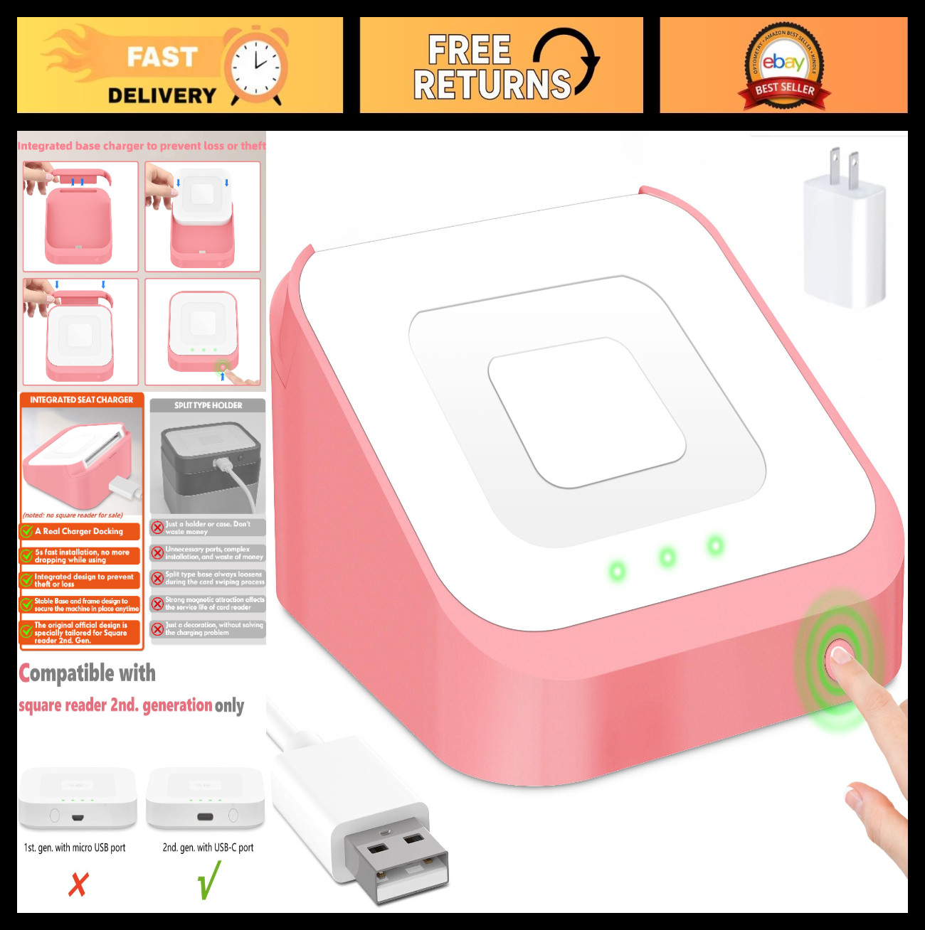 Dock for Square Reader 2nd Gen - Holder Stand with Anti-Sleep Button & Anti-Slip