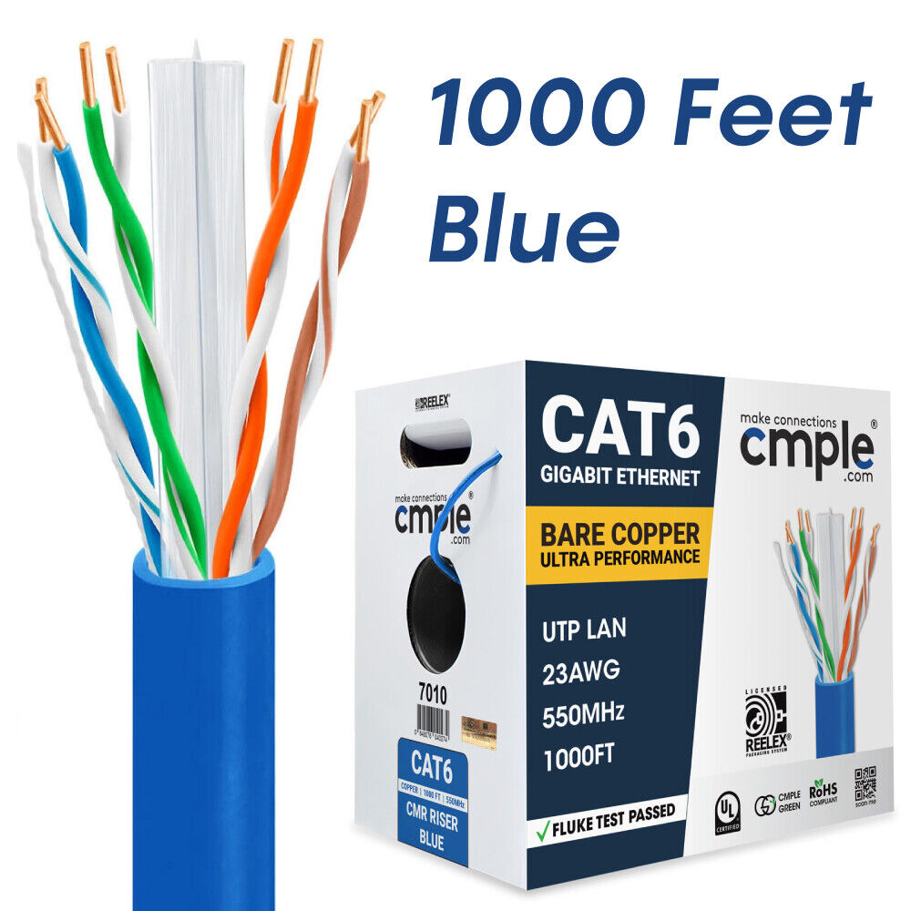 1000 FT Cat6 Cable CMR Riser 10 Gigabit Network Ethernet Cable Cat 6 Cord Blue