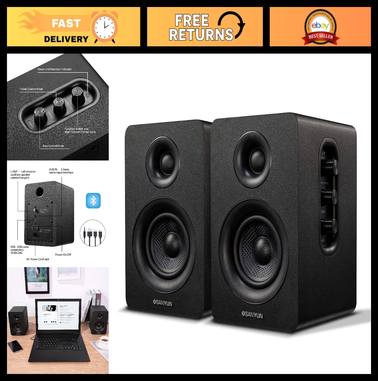 3” Active Bluetooth 5.0 Bookshelf Speakers - 60W Carbon Fiber, 24bit DAC, 3D Sur