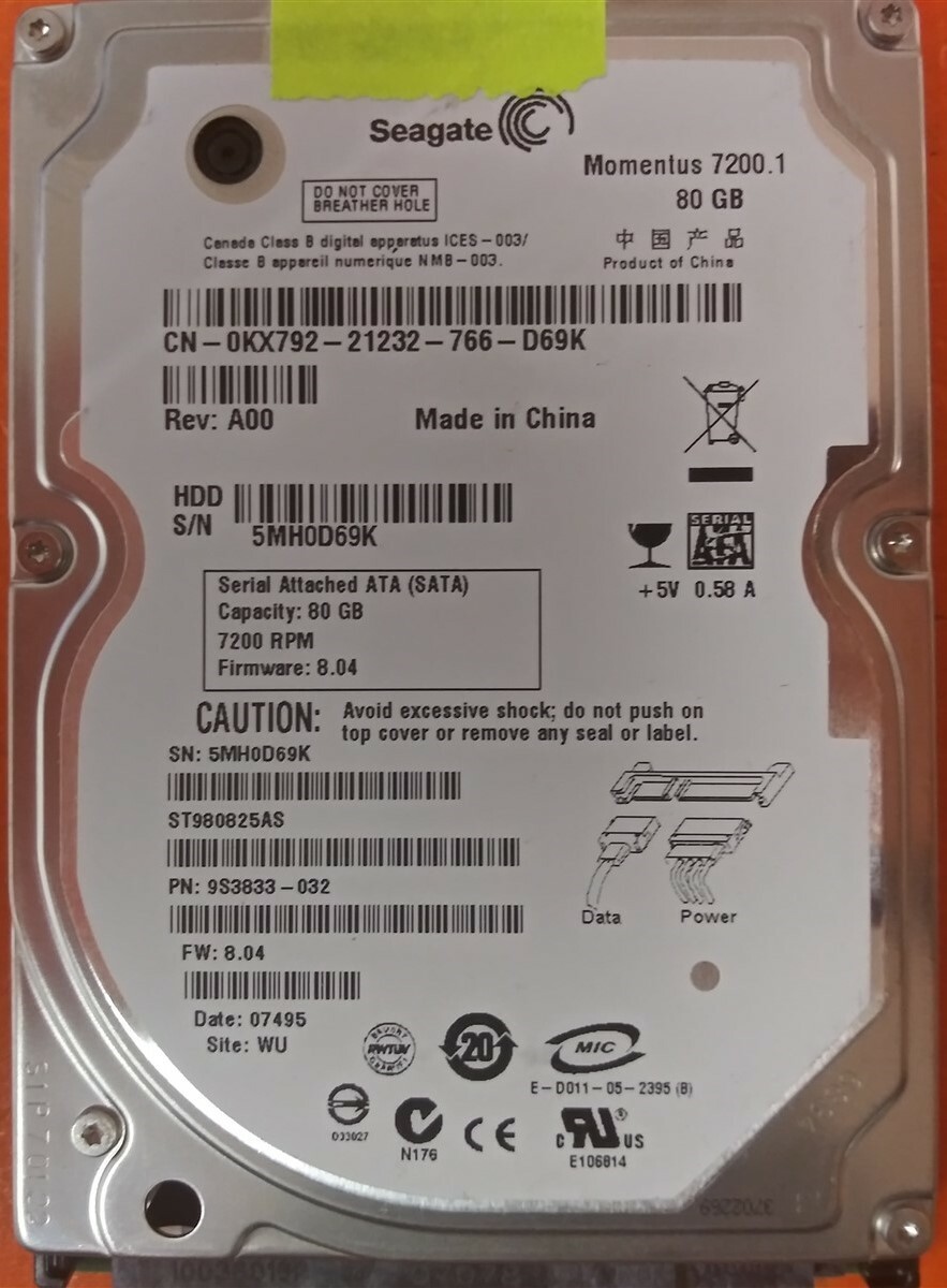 ⭐️⭐️⭐️⭐️⭐️ HDD Hard Drive SATA Laptop 2.5" Seagate ST980825AS 80GB WU FW: 8.04
