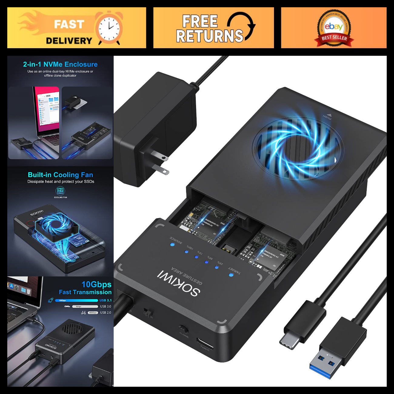 10Gbps USB 3.2 NVMe M.2 SSD Enclosure & Duplicator - Fast Data Transfer, Portabl