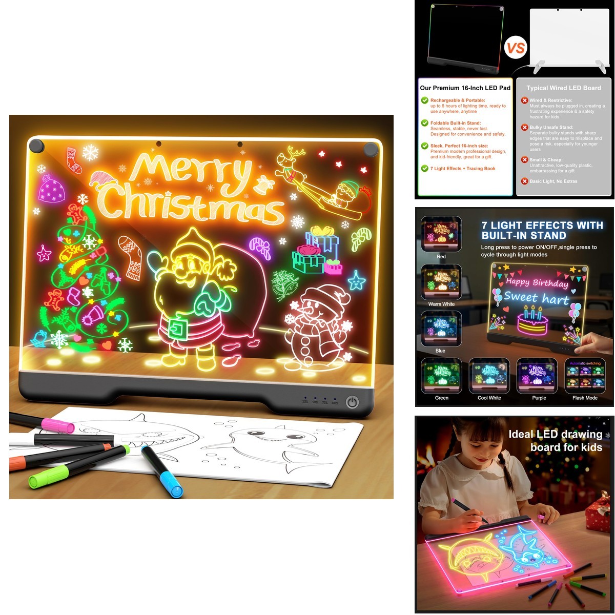 Bailkind E16 16" LED Glow Doodle Drawing Board 9 Light Effects Rechargeable