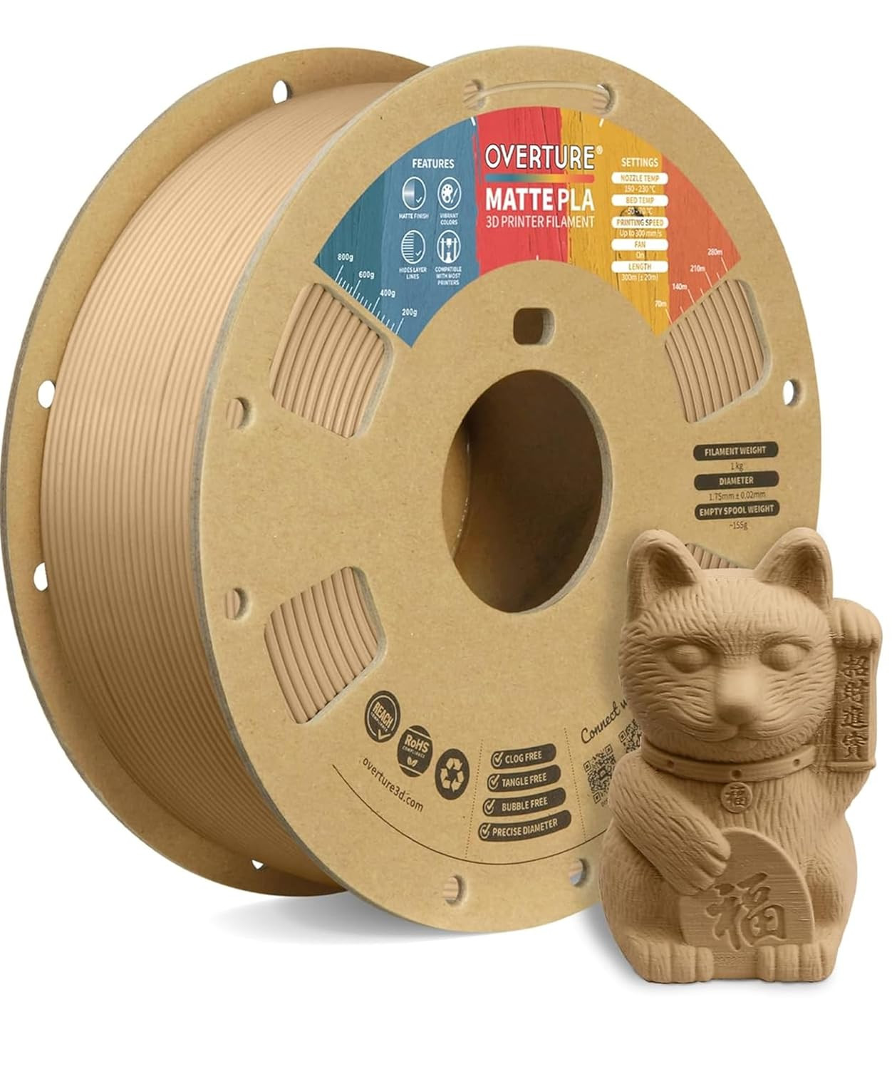 Matte PLA 3D Filament 1.75mm, Low Warping, Light Brown, 1kg Spool