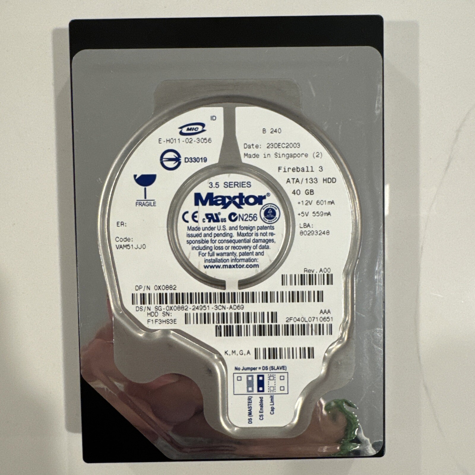 Maxtor Fireball 3 2F040L0710651 40GB 3.5 Used Formatted