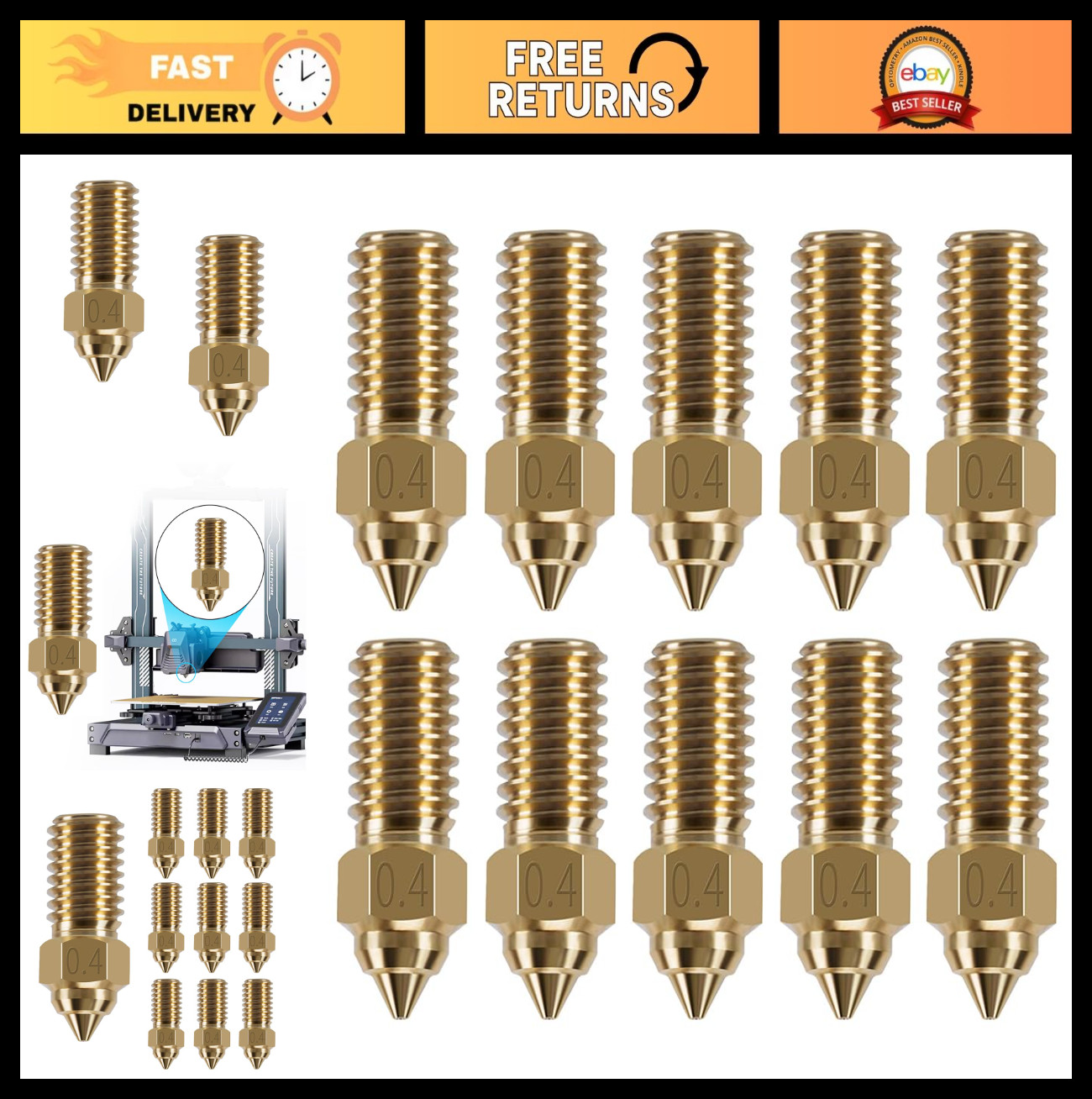 10 PCS 0.4MM Brass Nozzle Kit for 3D Printers | Wear Resistant, High Temp Access