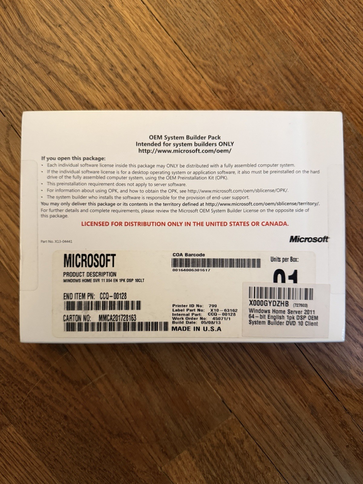 Microsoft Windows Home Server 2011 64-Bit OEM System Builder Pack CCQ-00128: NEW