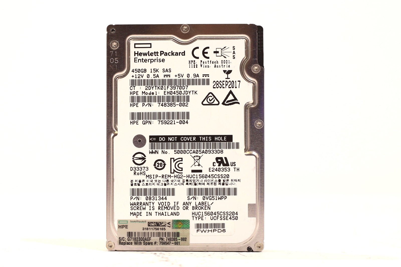 HPE EH0450JDYTK 450GB 2.5" 12Gb/s 15K RPM SAS HDD P/N: 759221-004 Tested Working