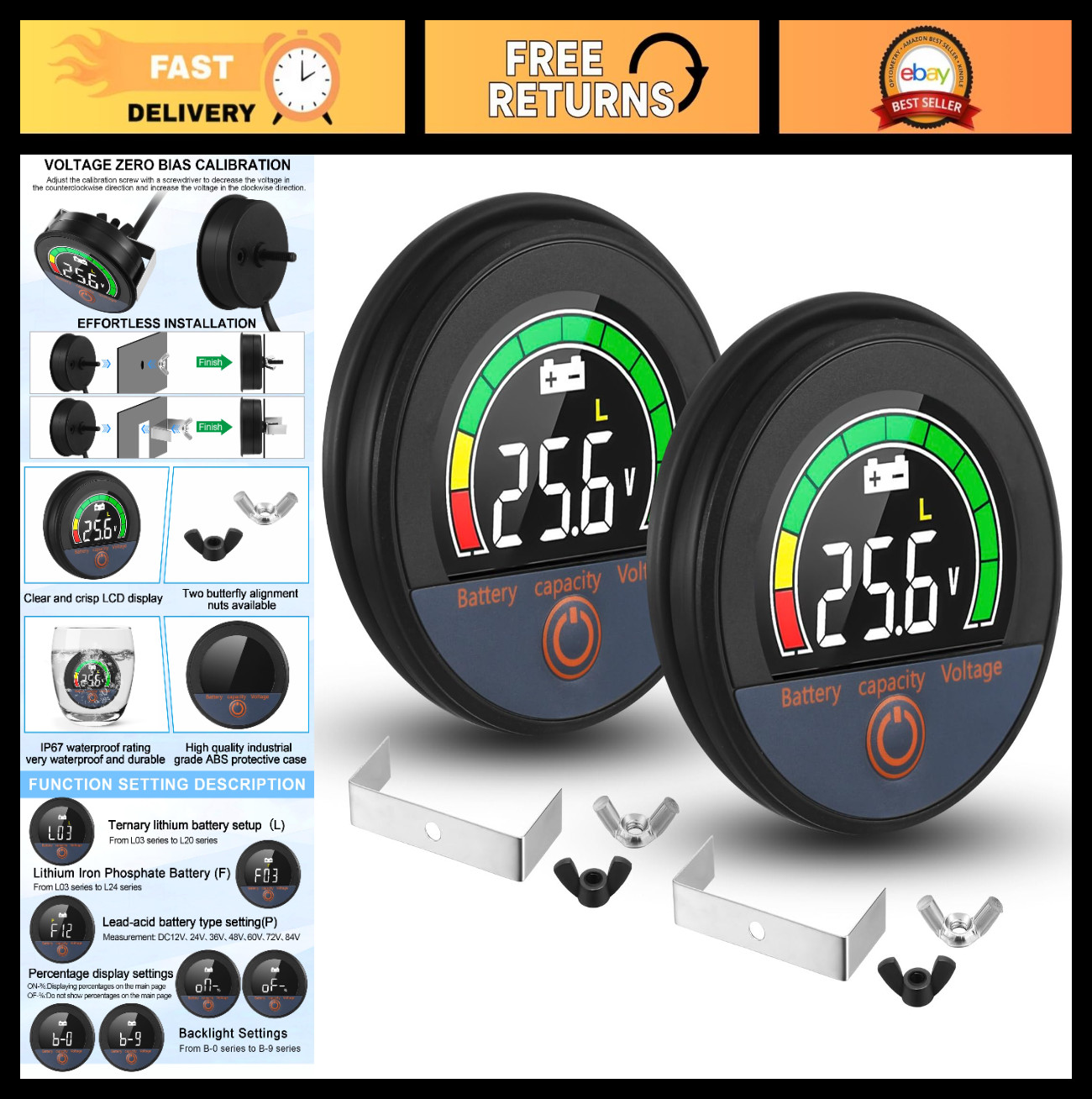 2 Set LCD Battery Monitor 12V 24V 48V 60V 84V with Alarm - Digital Voltage Meter