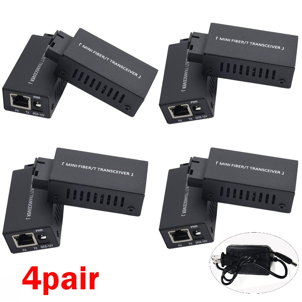 4Pair Fiber Media Converter Gigabit 100/1000Mbps 20Km SC to RJ45 With Sockets#