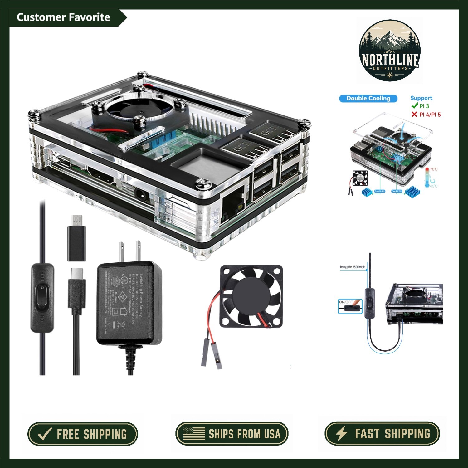 Cooling Case for Raspberry Pi 3 B+ with 5V Power Supply & Heatsinks