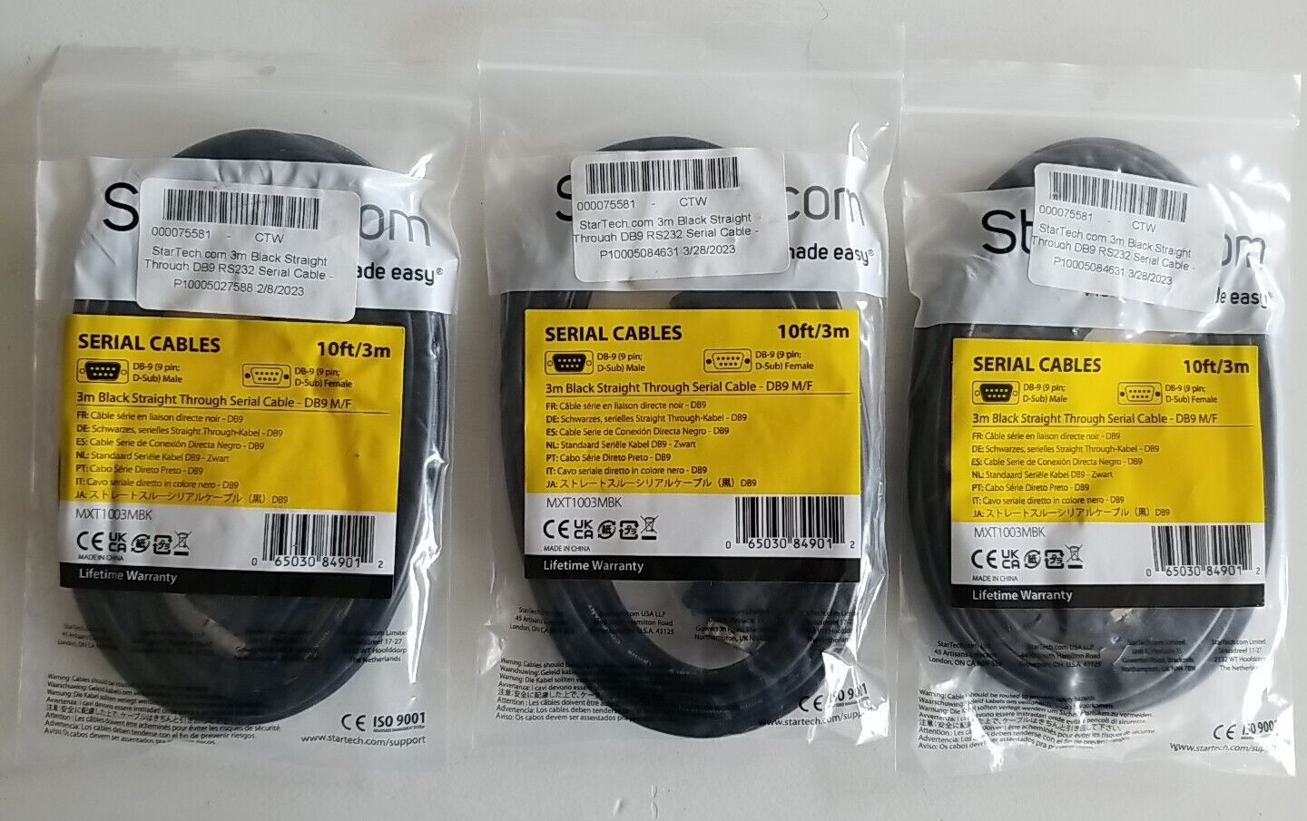 Lot of 3 ~Startech DB9 RS232 #MXT1003MBK 10'ft Straight Through Serial Cable M/F