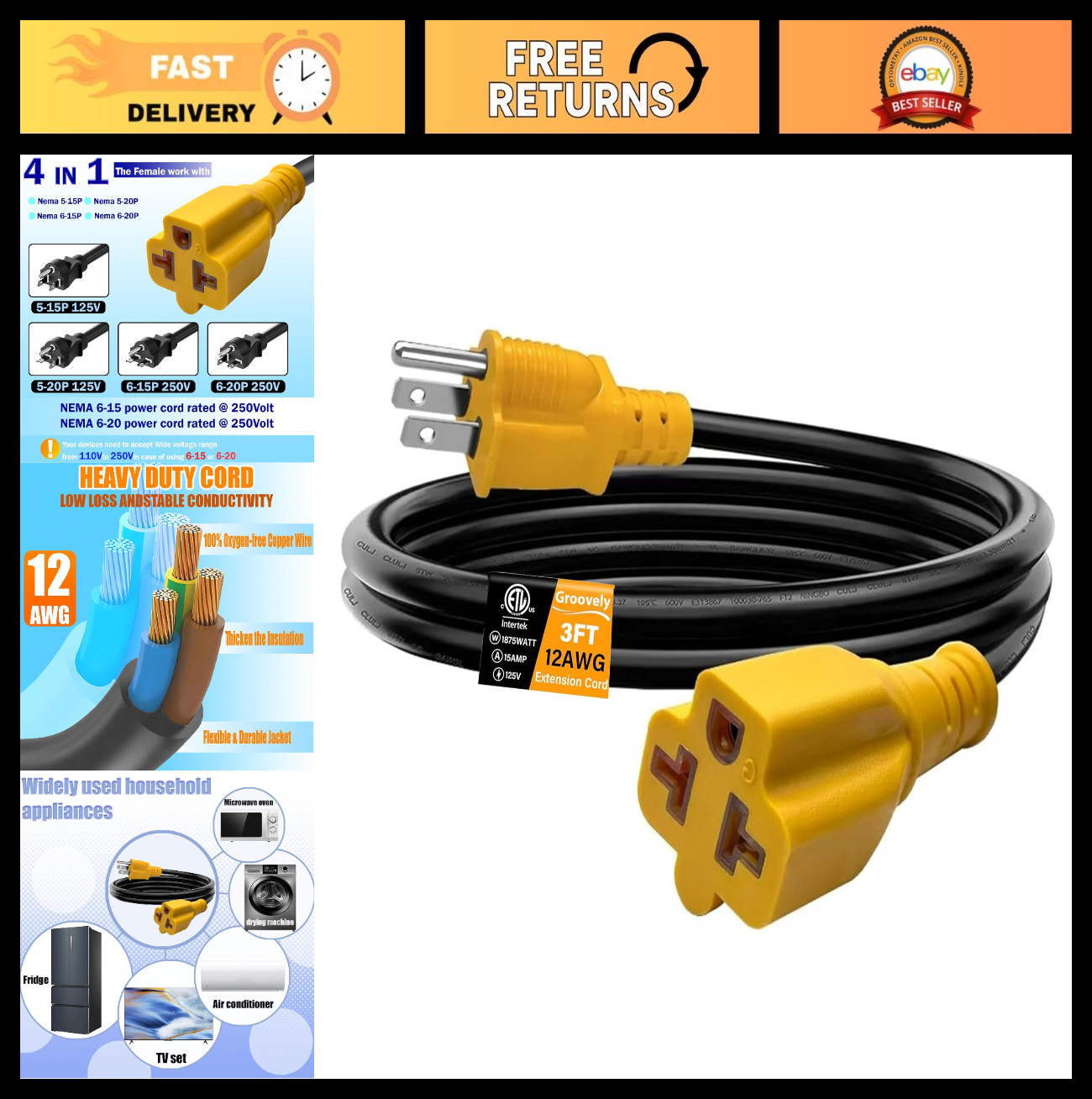 3Ft 15A to 20A Power Adapter Cable, 12AWG NEMA 5-15P/5-20R/6-15R/6-20R T Blade