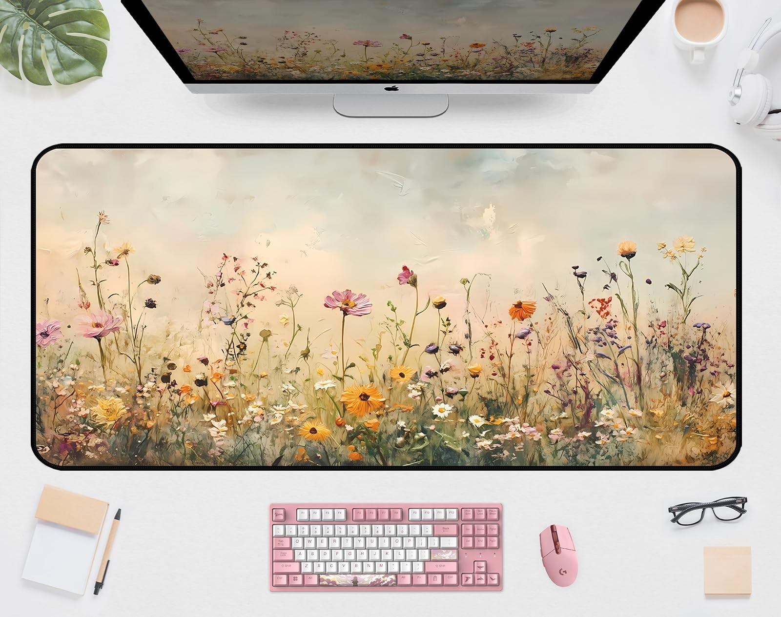 Beige Flower Desk Mat, Oil Painting Style Desk Matt, Plant Flower Mat, Game D...