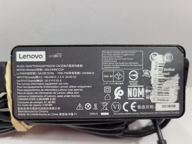 Lenovo AC/DC Adapter FRU: 00HM616 Model: ADLX45NCC2A
