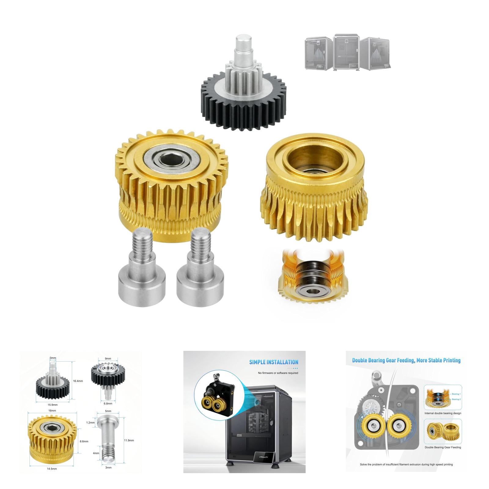 K1 Max Extruder Double Bearing Gear Upgrade Kit Hardened Steel DLC Gold All