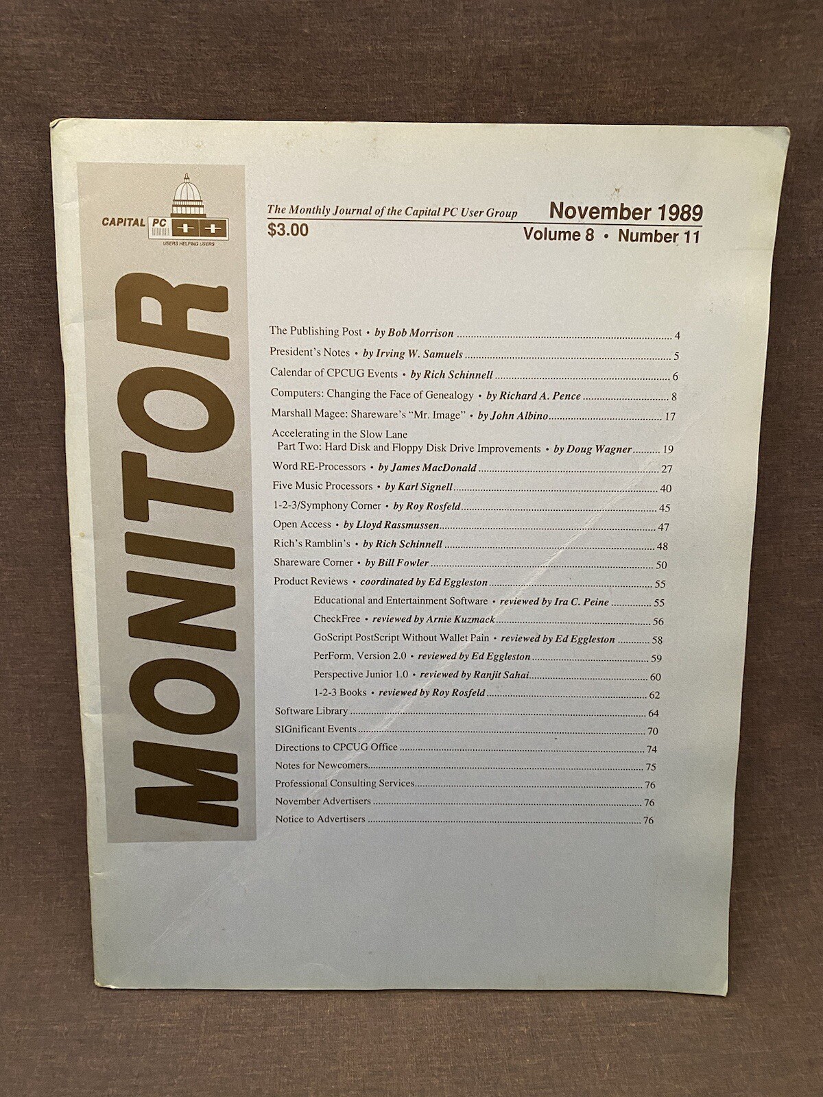 November 1989 CAPITAL PC MONITOR User Group Genealogy Shareware Music GoScript