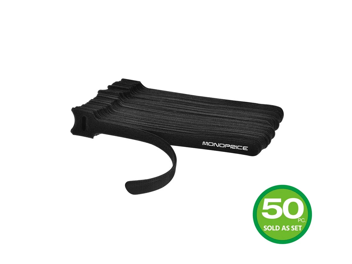 Monoprice Hook and Loop Fastening Cable Ties, 6in, 50 pcs/pack, Black