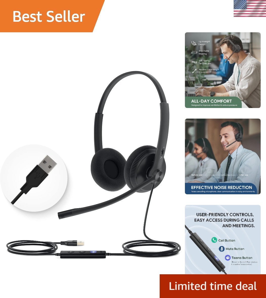 Lightweight UH34 USB-A Wired Headset with Inline Controls for Professionals