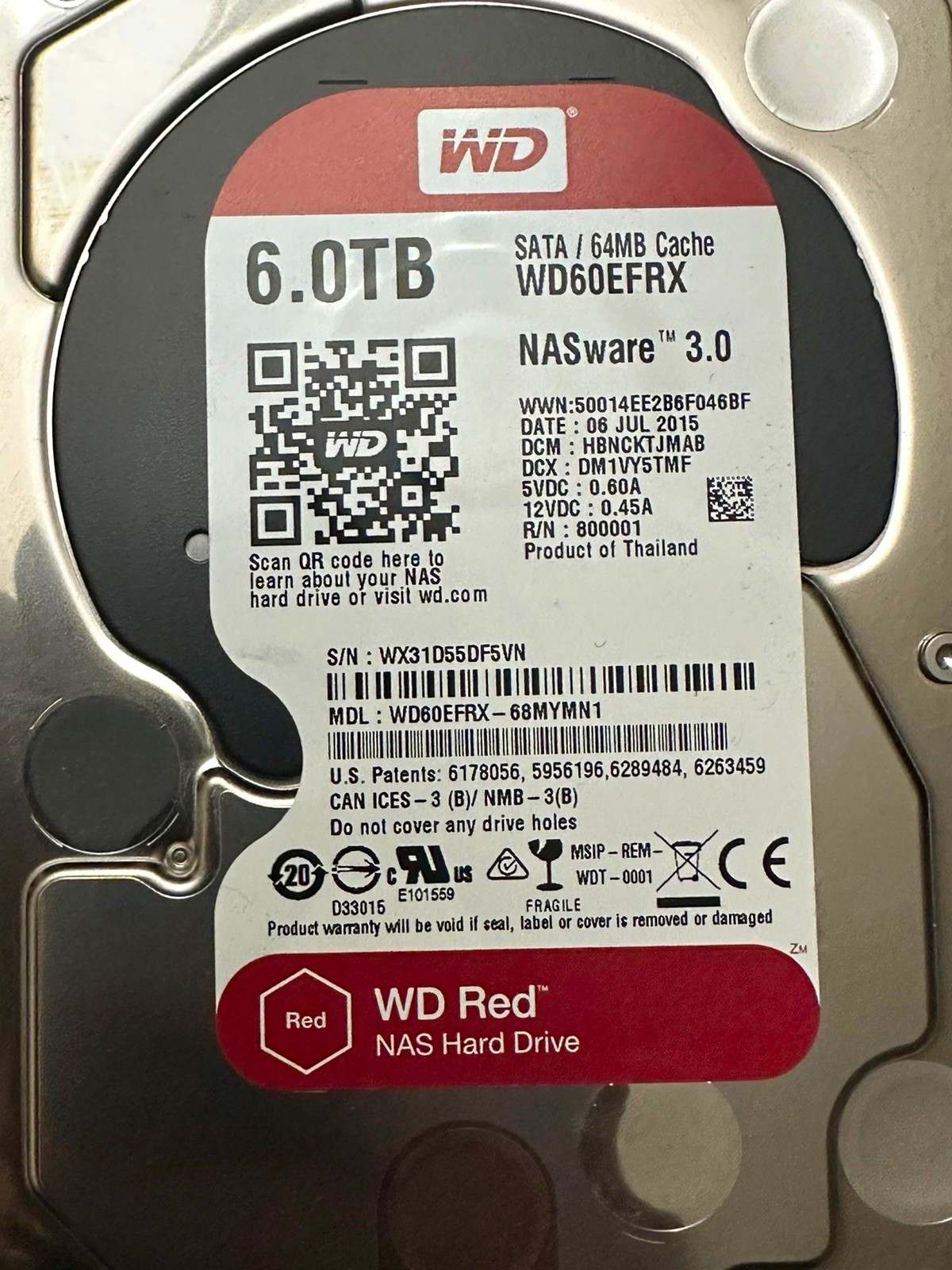 Western Digital WD Red 6TB 3.5in SATA 5400RPM 64MB NASware 3.0 Internal