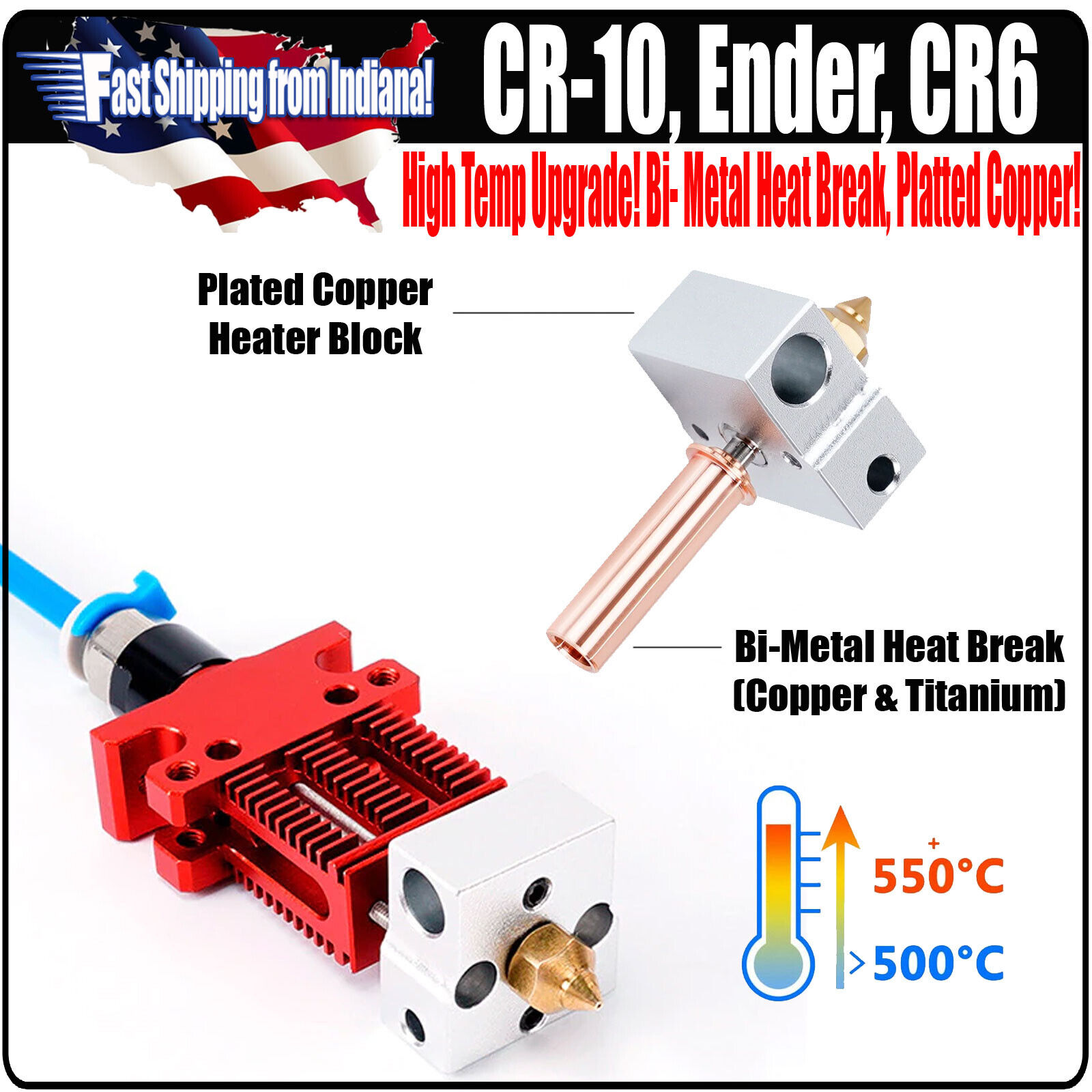 Ender Hotend, High Temp upgrade, Plated Copper Heater Block, Bi-Metal Heatbreak