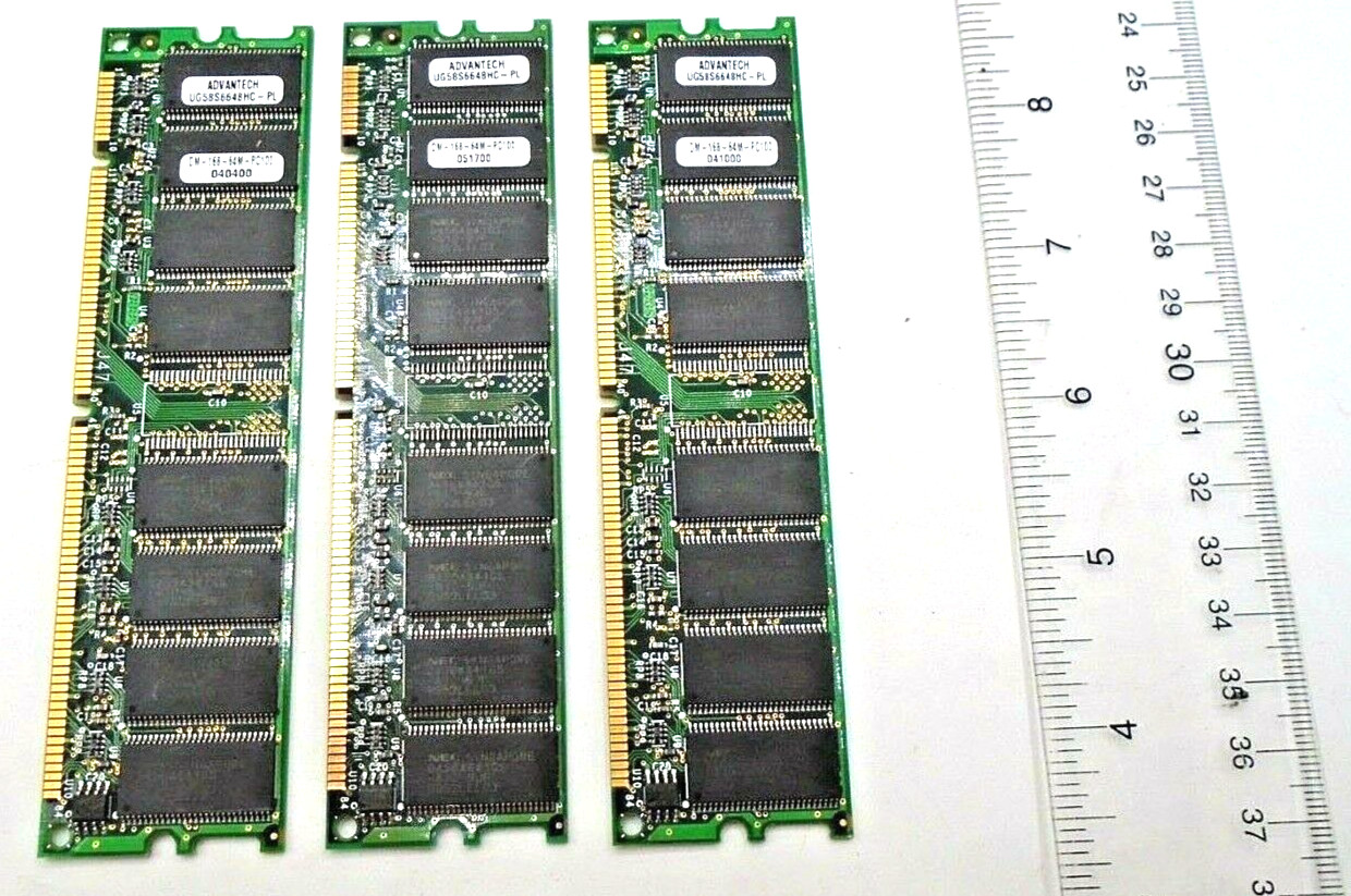 Advantech Lot of 3 RAM Memory Stick DM-16-64M-PC100 Board 040400, UG58S6648HC-PL
