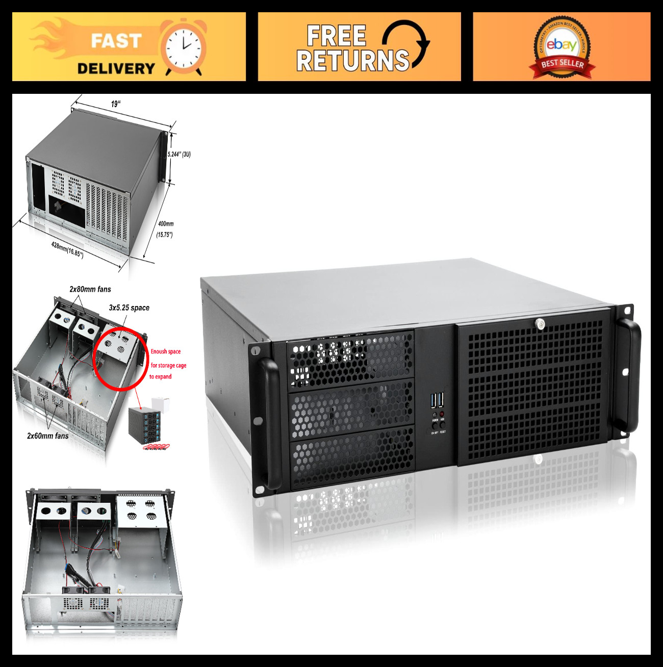 3U Server Rackmount Chassis Case, Supports ATX/MATX/MiniITX, 3x5.25" & 4x3.5", E