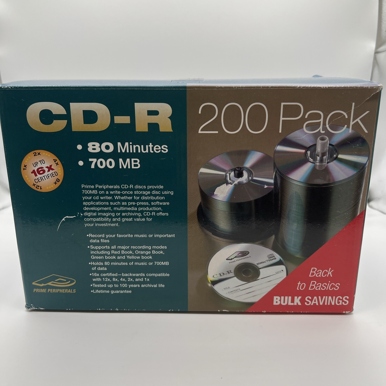 Prime Peripherals CD-R 200 Pack 80 Minutes 700 MB 16x L Blank Media Disc NEW BN