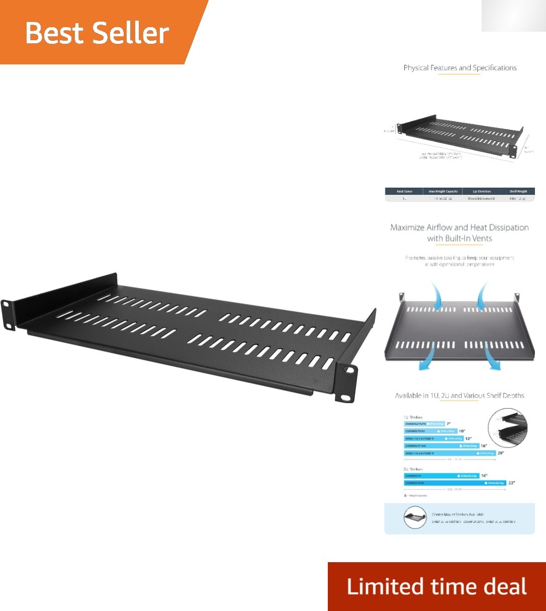 Heavy-Duty 1U Server Rack Shelf - Vented 10