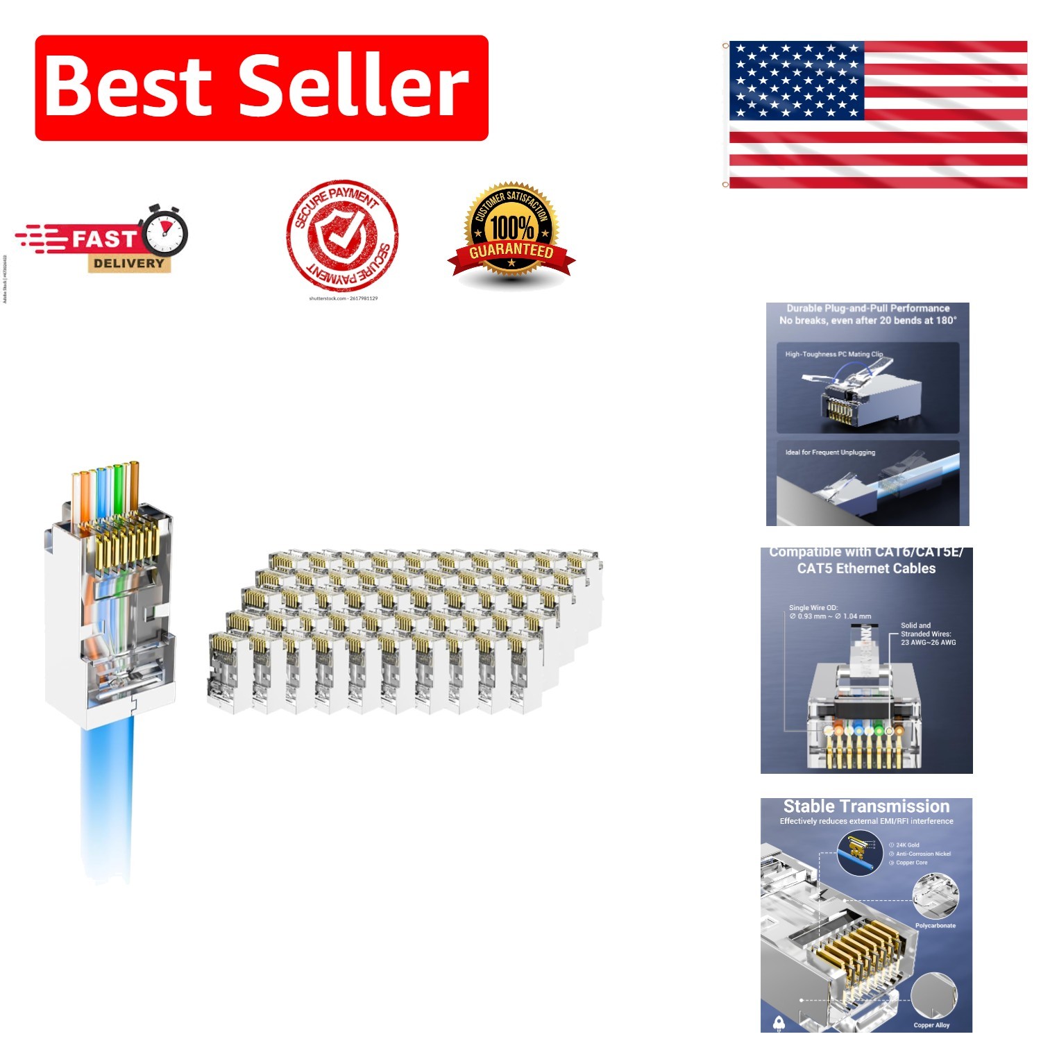 High-Performance Cat6 RJ45 Shielded Connectors – 50 Pack with Gold Plated Pins