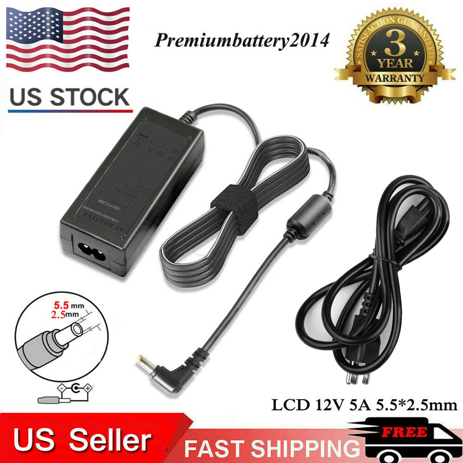 new LCD AC Power Supply Adapter DC 12 Volt 5 Amp (12V 5A) LCD Monitor Laptop