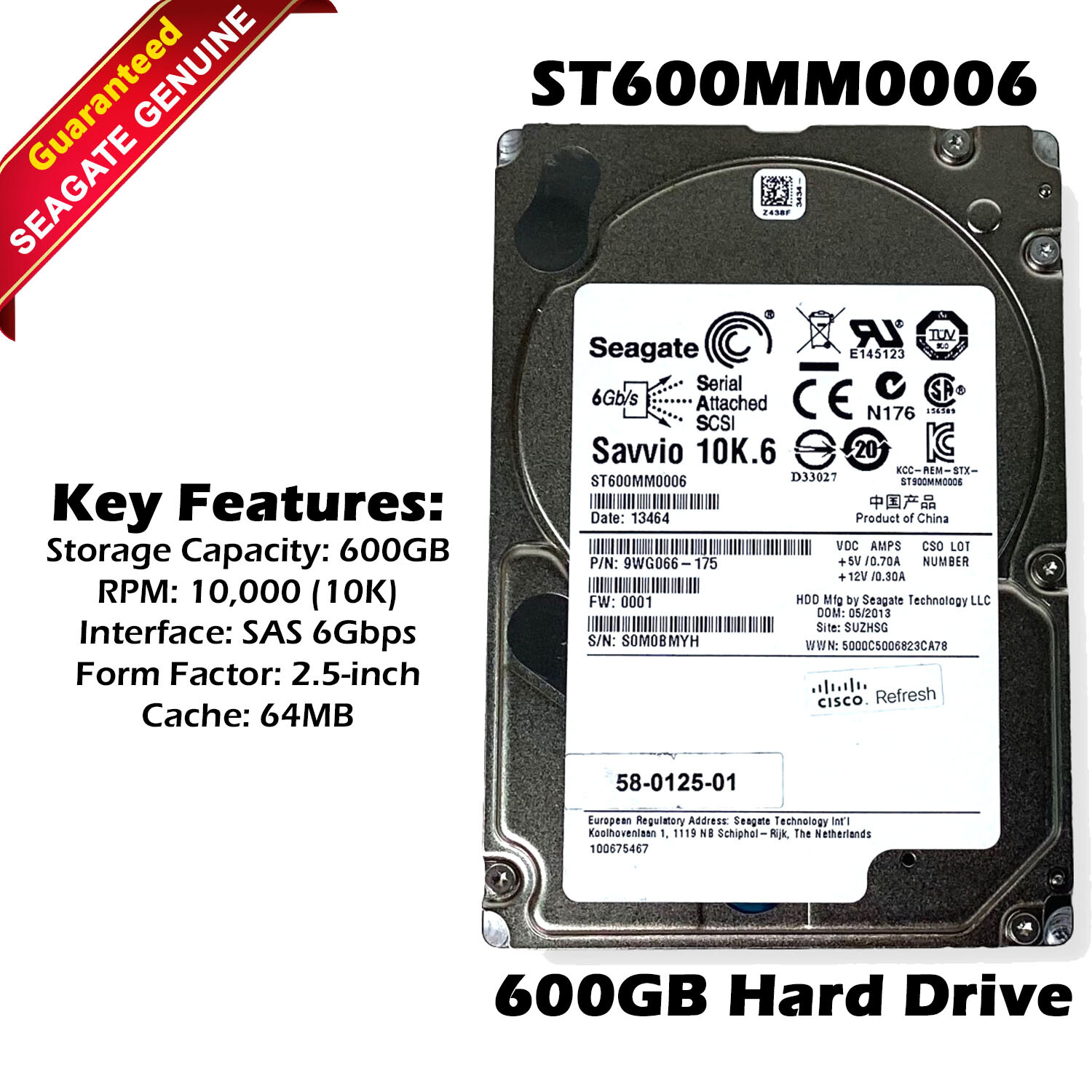 Genuine Seagate ST600MM0006 600GB 10K SAS 6Gb/s 2.5" HDD Hard Drive 9WG066-175