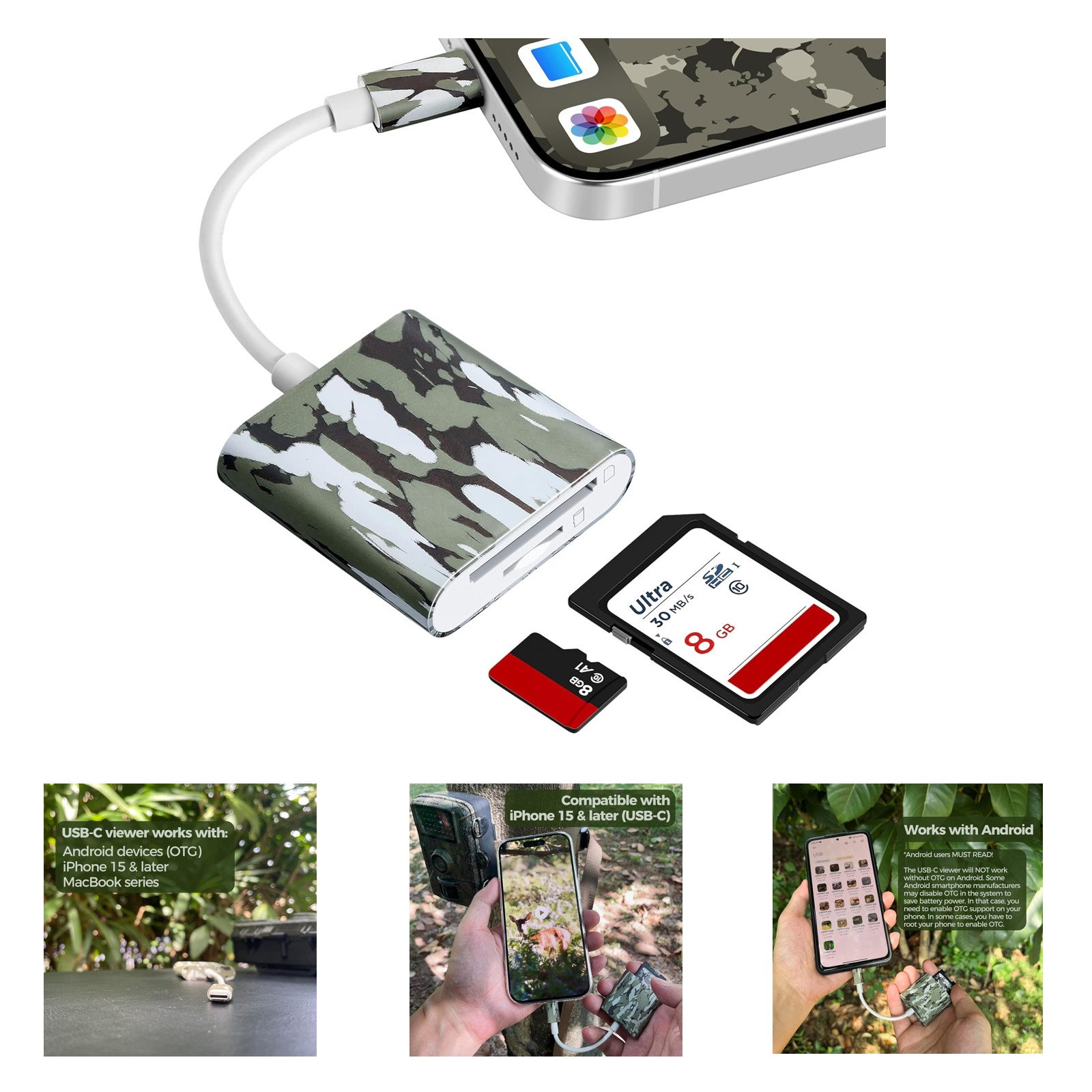 Trail Camera Viewer, Game Camera SD Card Reader for iPhone 15 and Android USB-C