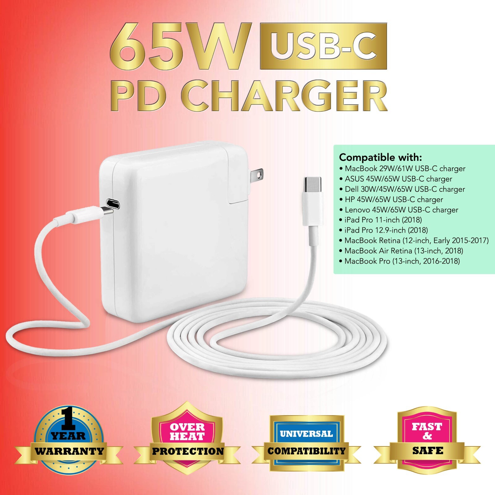 For HP USB-C 65W Slim Travel Power Adapter Laptop Charger Type-C Universal Chage