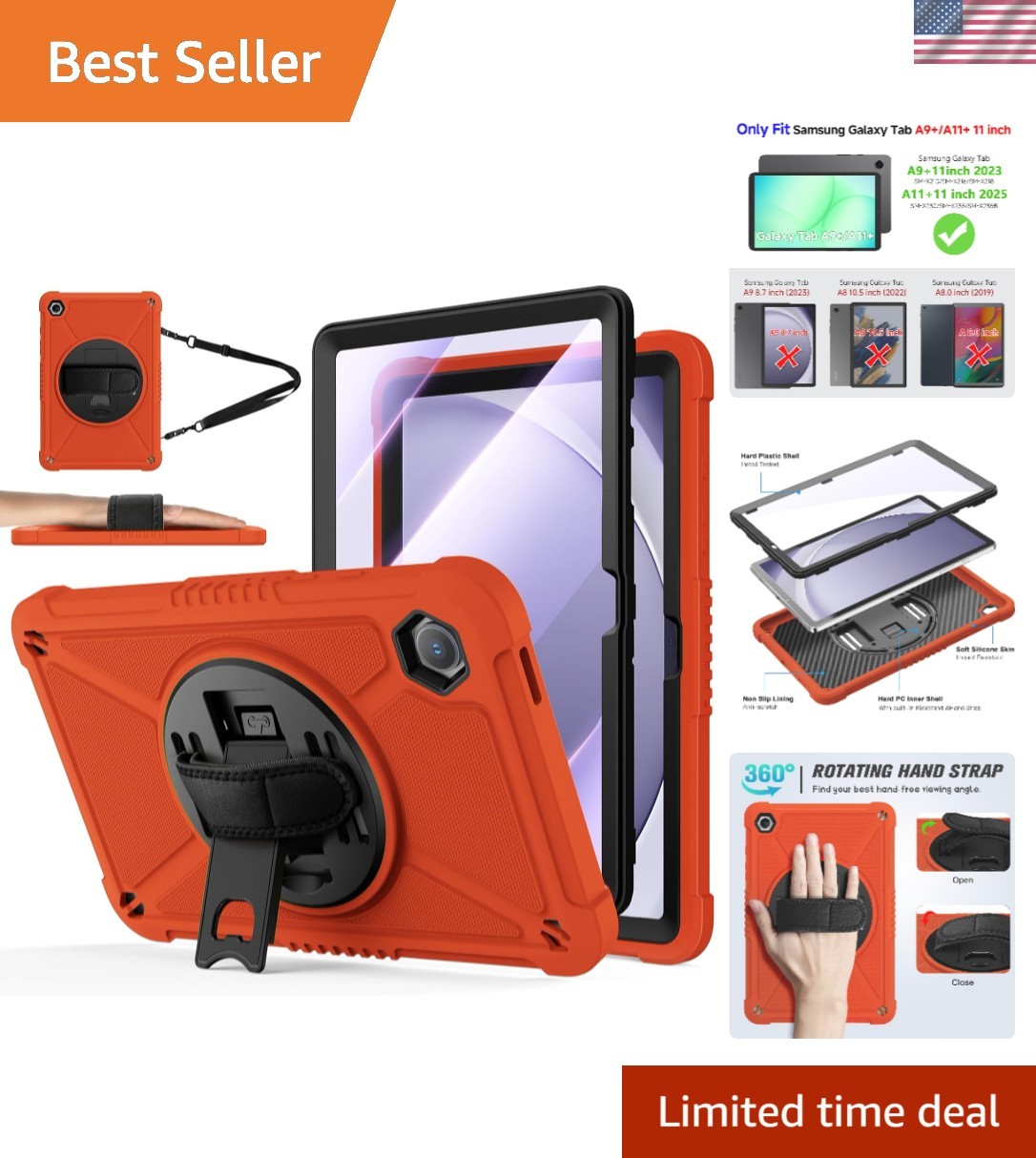 Shockproof Hard Duty Case with Screen Protector+360 Rotating Hand Strap&Stand...