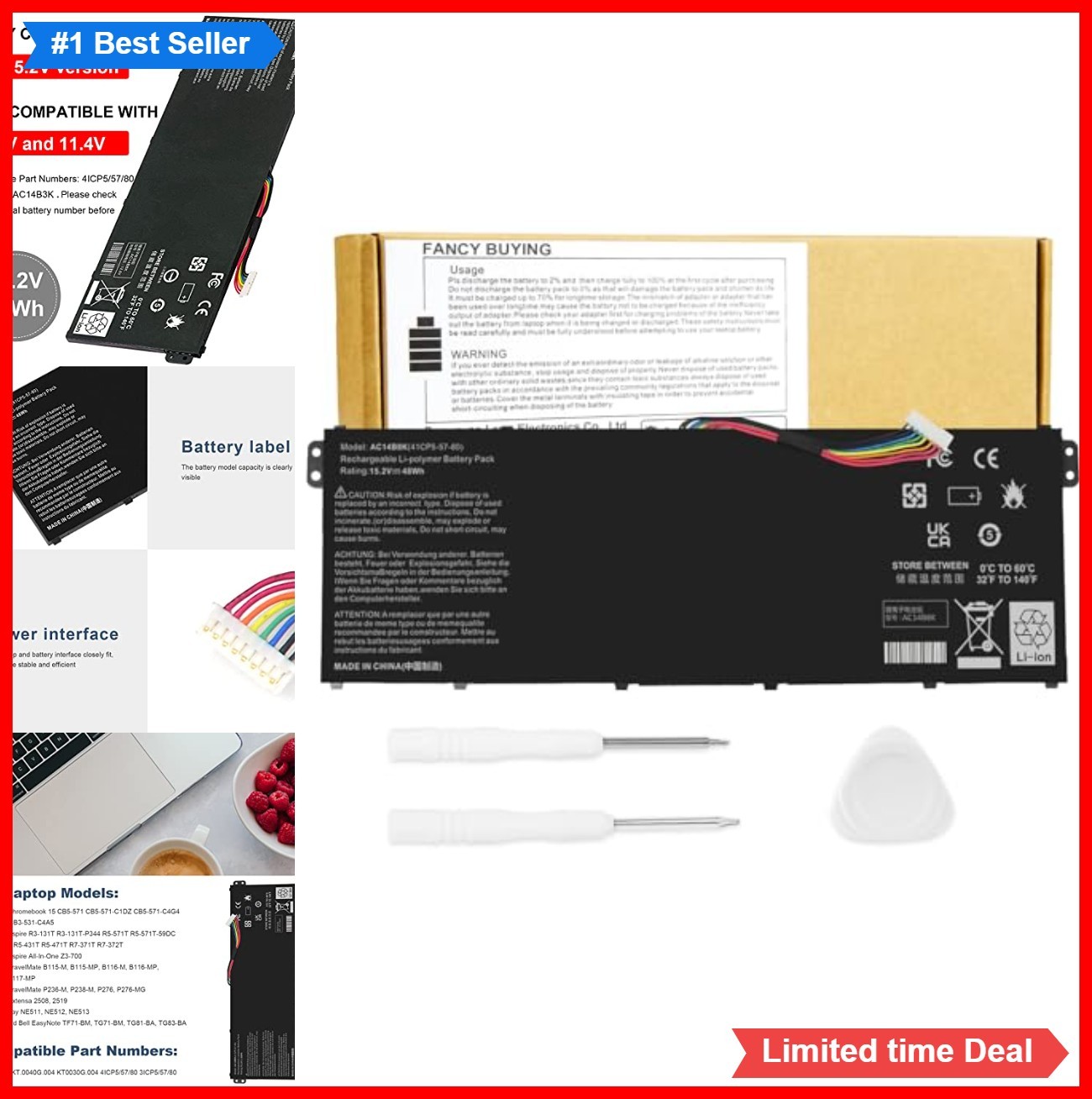 Laptop Battery 15.2V 48WH Li-ion 3 Cell Replacement for Chromebook Aspire Series