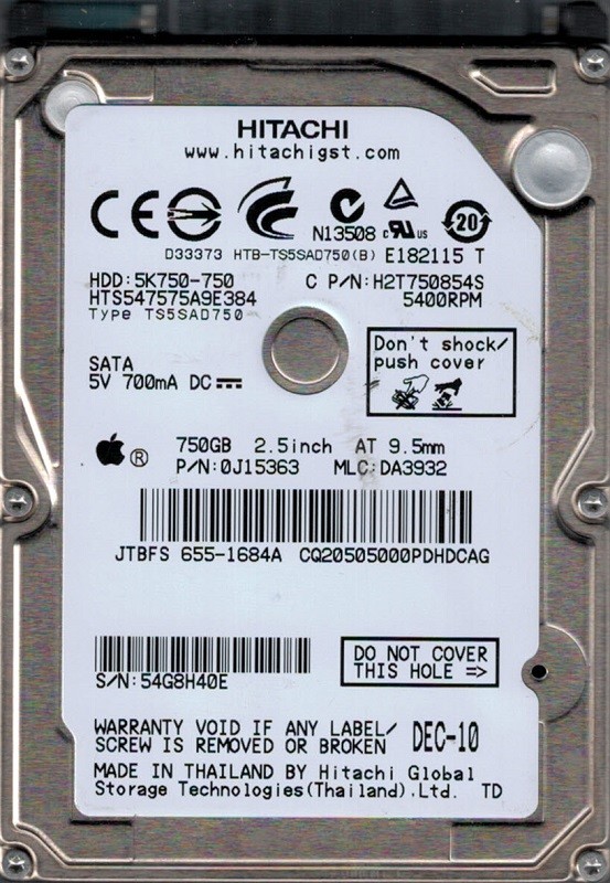 HTS547575A9E384 P/N: 0J15363 MLC: DA3932 MAC 655-1684A Thailand Hitachi 750GB