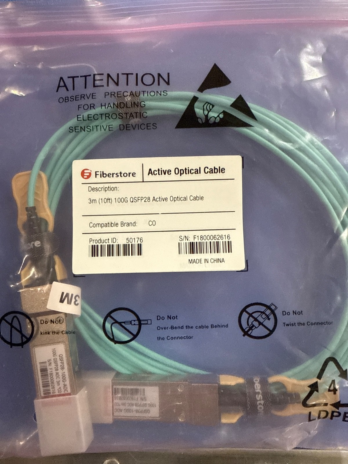 Fiberstore active optical cable 3m 100g QSFP28