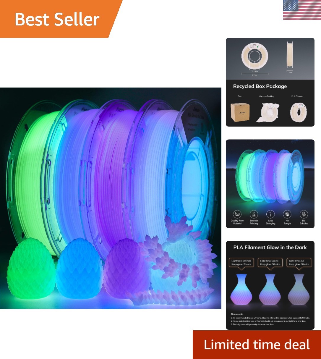 Glow-In-The-Dark 1.75mm PLA Filament Bundle - 200G x 4, Perfect for Kids