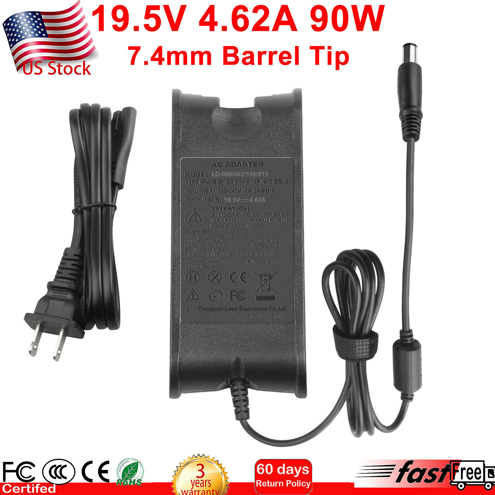 For Dell 90W 90 Watt AC Adapter Power Supply Charger PA-10 Family W/Cable Cord