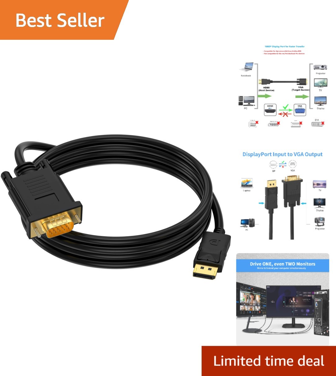 Reliable 3FT DisplayPort to VGA Cable - Male Gold-Plated for Computers and TVs