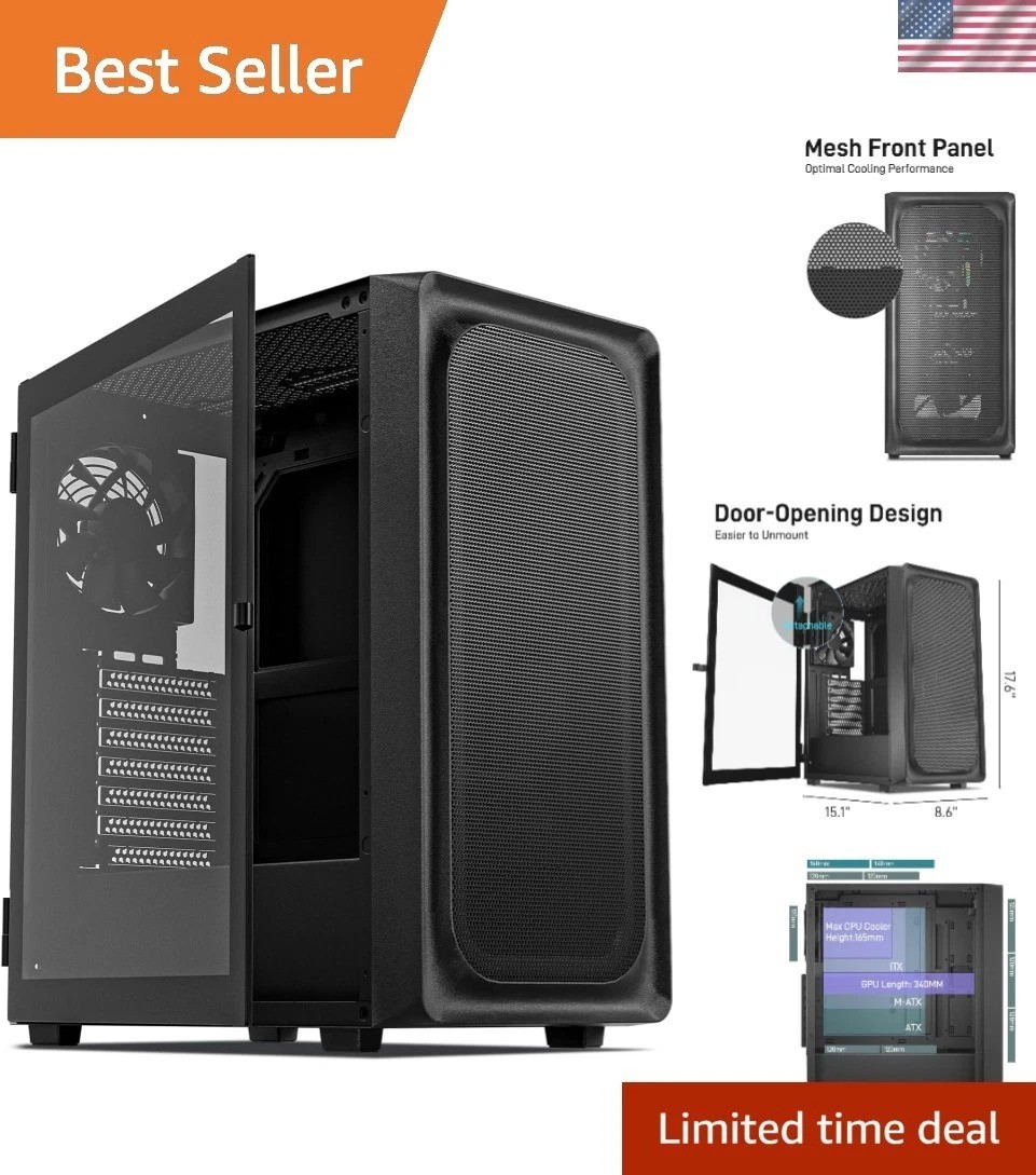 Stylish Black ATX Mid Tower PC Case - Supports 50 Series GPU & Enhanced Cooling