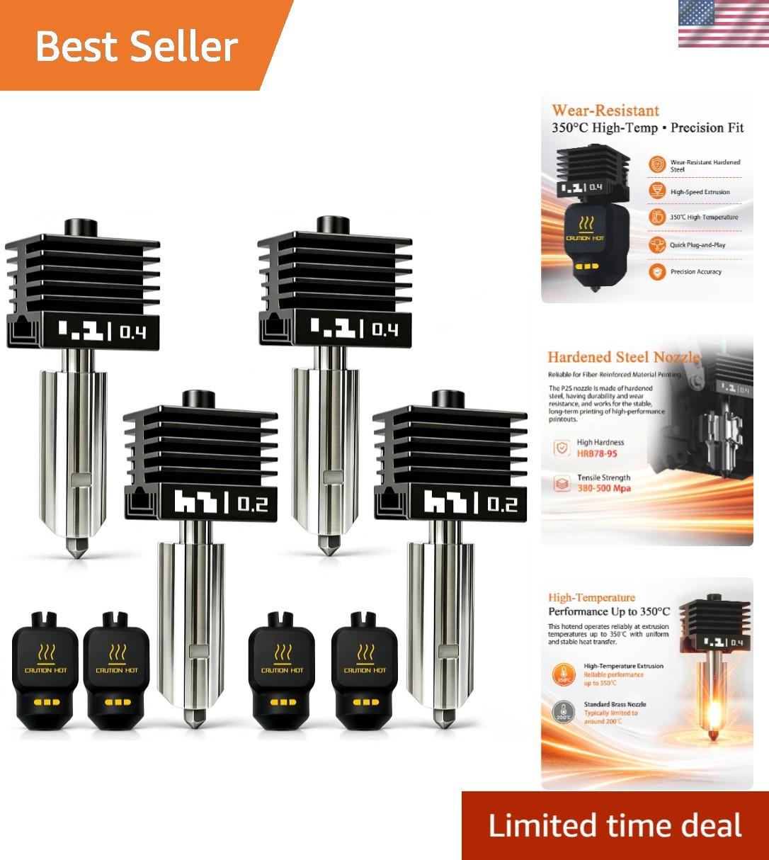 4‑Pack 0.2mm/0.4mm P2S Hotend for Bambu Lab X2D/H2D/H2S/A1/A1 Mini Combo