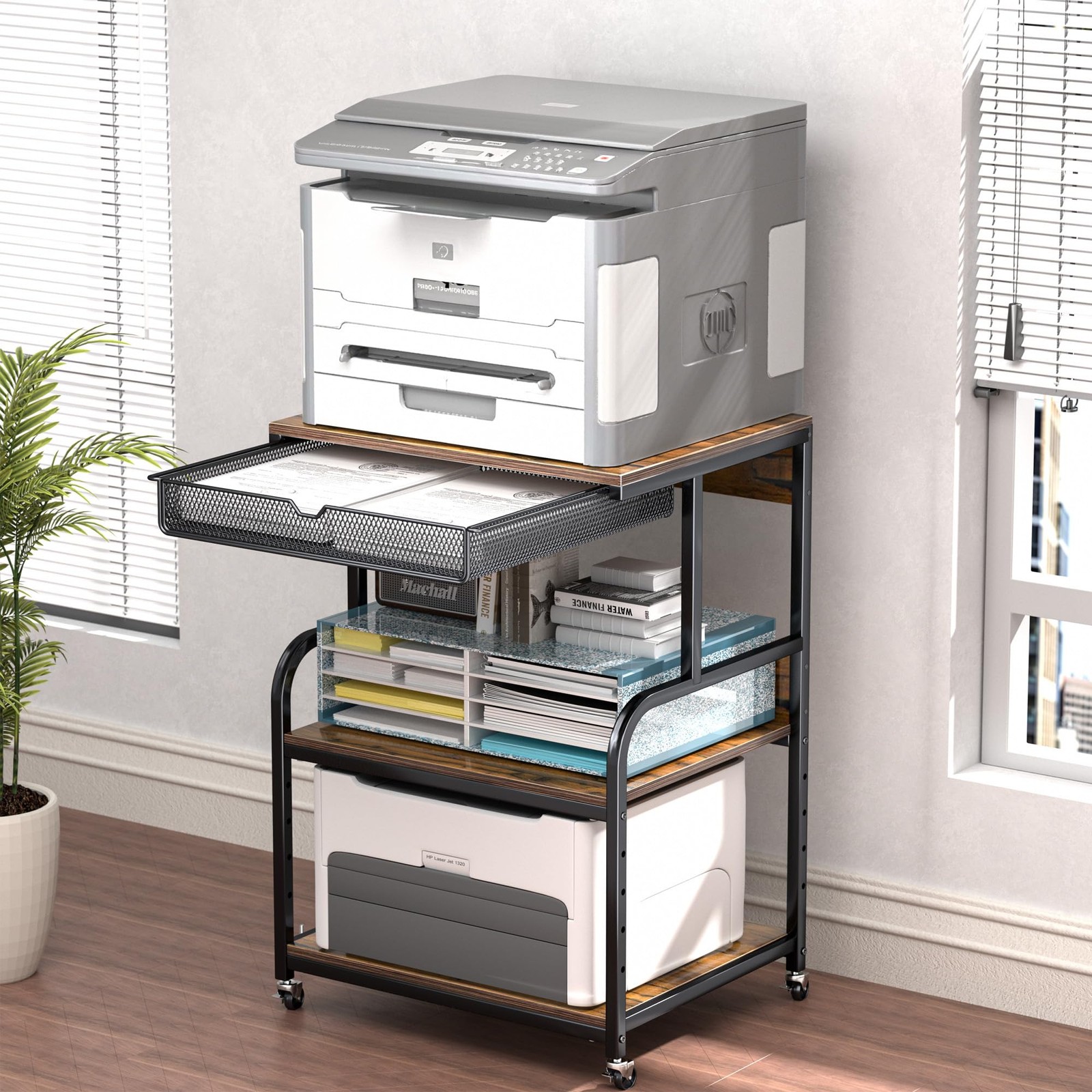 Large Printer Stand with Storage Shelf, Industrial Rolling Printer Cart Holde...