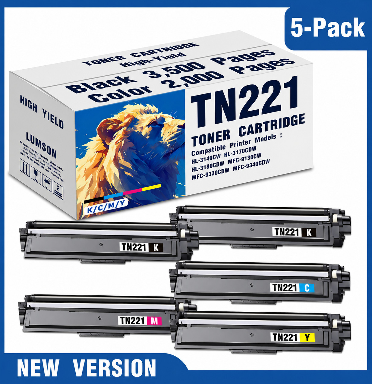 TN221 TN225 Toner Cartridge Set for  MFC-9330CDW HL-3180CDW (5 Pack)