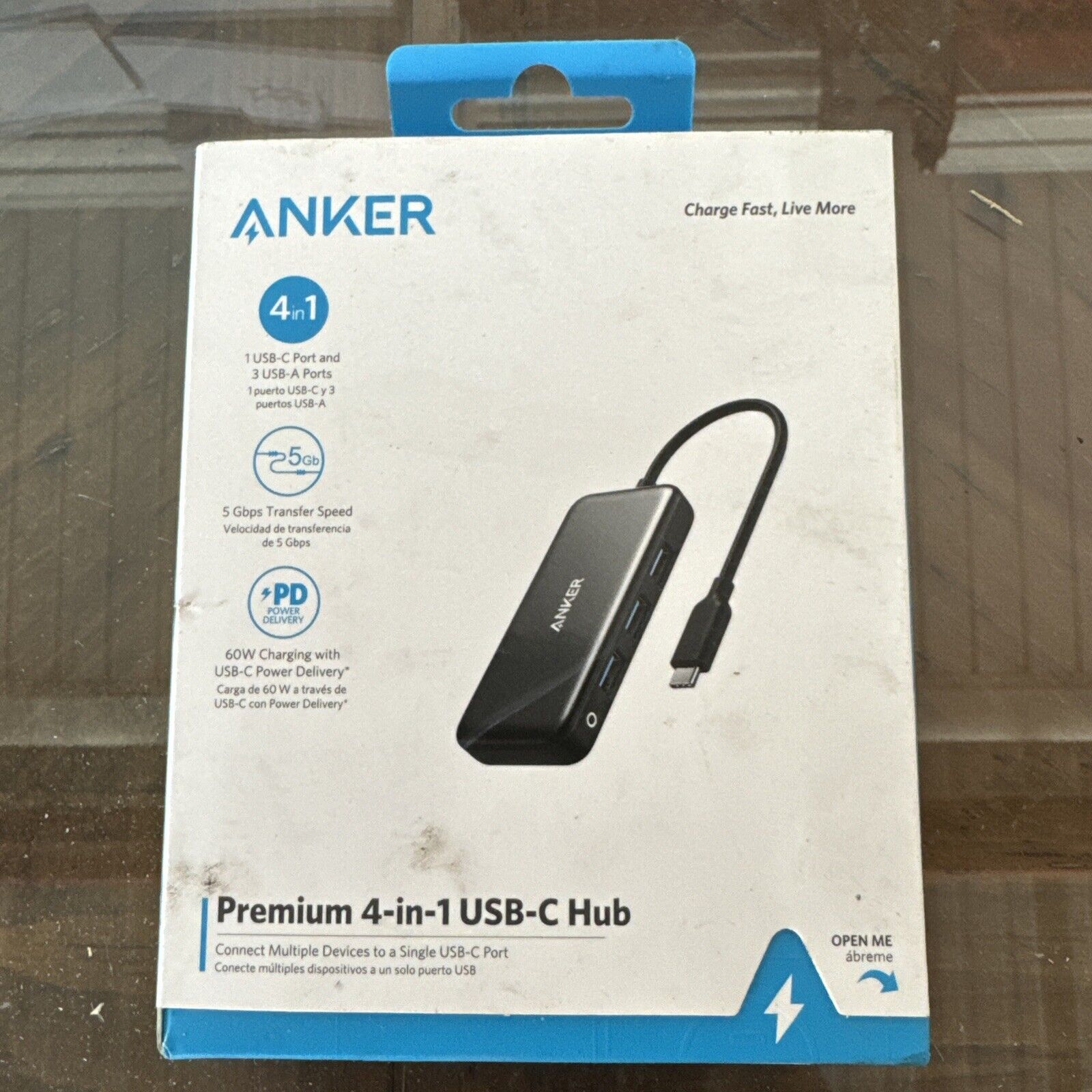 Anker 4-in-1 Premium USB-C Hub, 5 Gbps Transfer Speed, 60W Charging.