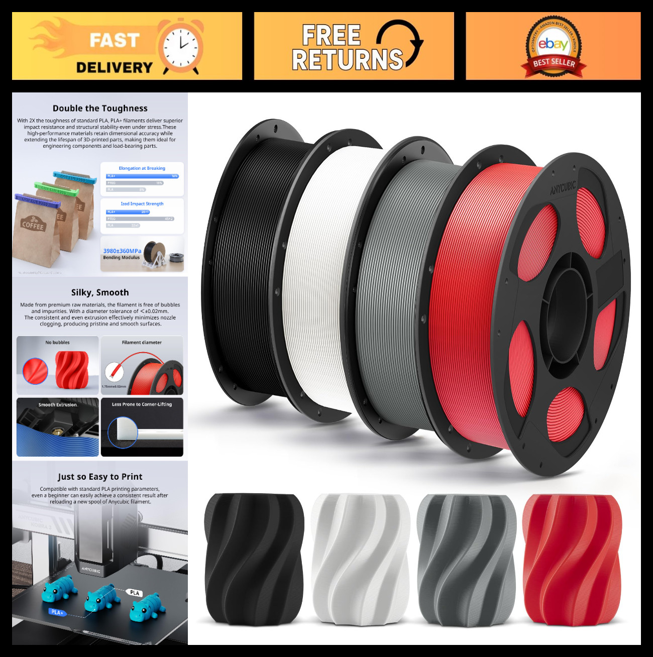 High Toughness 3D Printer Filament 1.75mm, PLA Plus Bundle, 4 Pack, Accurate, Bl
